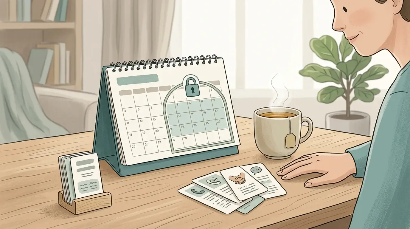 Rolig illustration af en spillepause med kalender, lås og hjælperessourcer